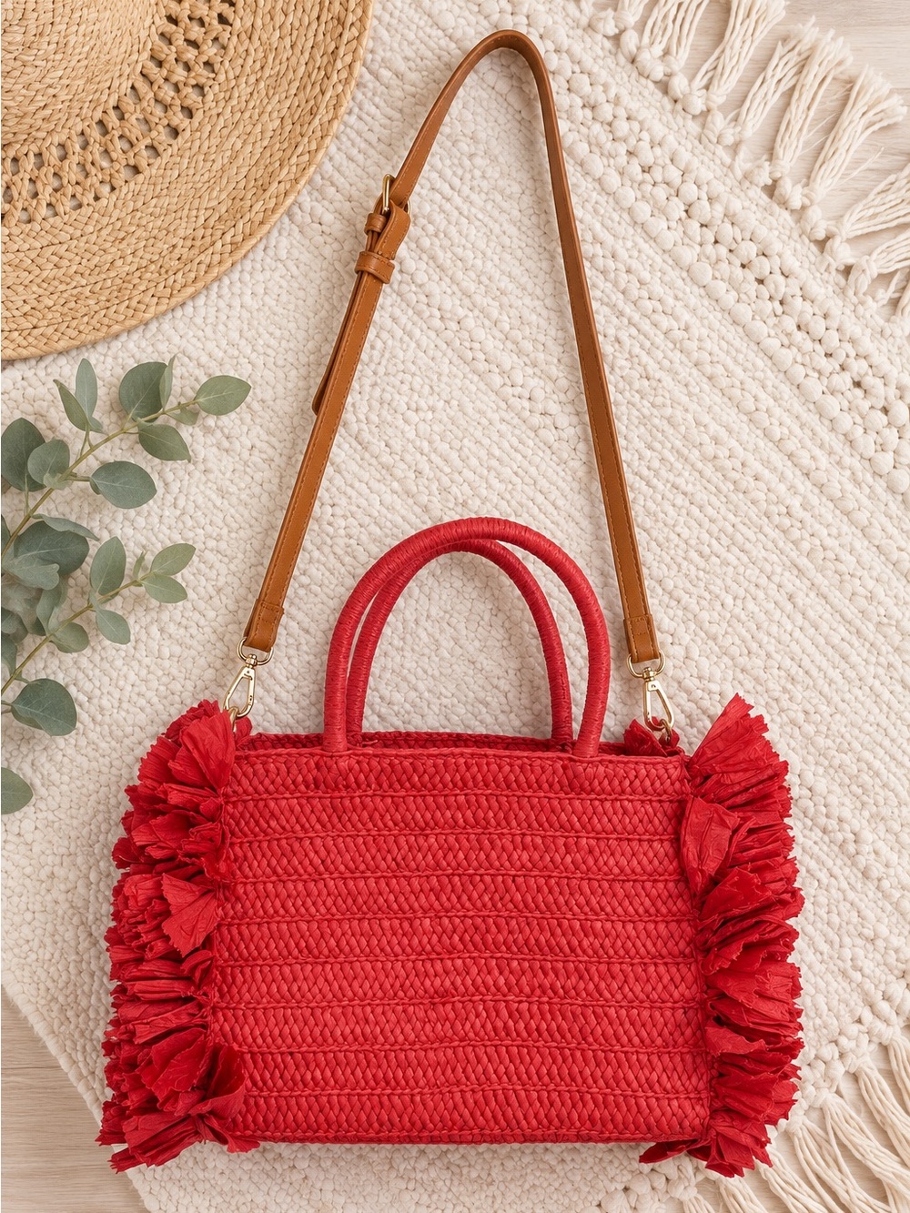 Shiraleah Chicago Red Raffia Fringe Woven Crossbody Handbag Boho